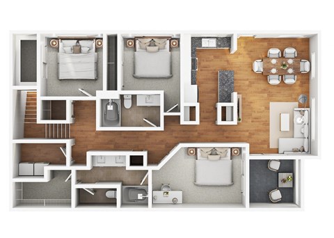 A top-down view of a house layout with multiple rooms and furniture.
